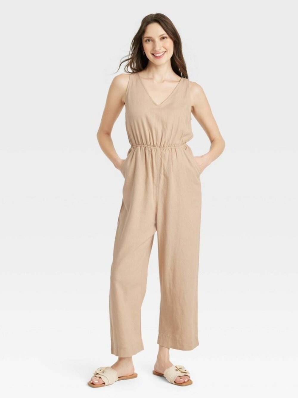 Women's Linen V-Neck Jumpsuit - Universal Thread Tan Size S
